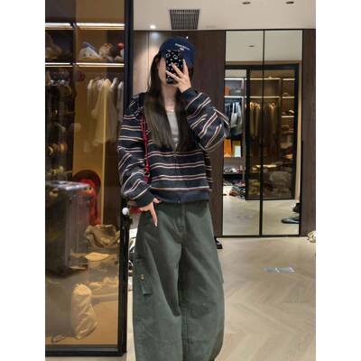 Doais宽y B女m冬b 休慵懒随性条纹ZKW连帽KPL松闲卫衣外套秋袖长