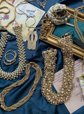 海外金色链条水钻古董首饰