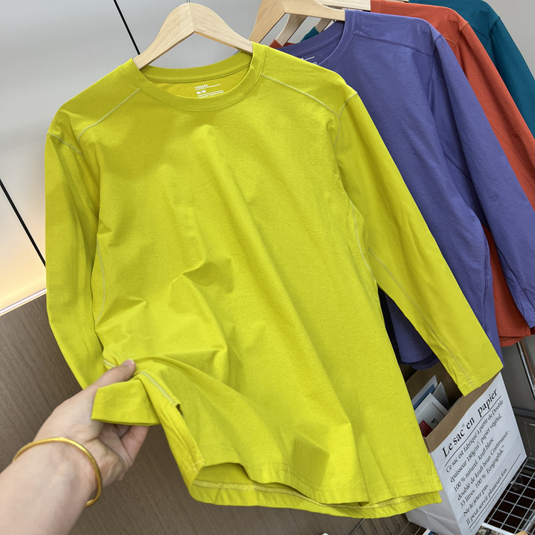 春季男士外贸纯色百搭长袖T恤潮