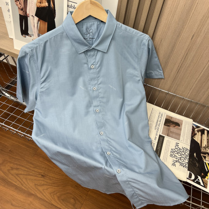 比T恤还舒服！凉感丝光棉！夏季男士外贸字母印花弹力短袖衬衫潮
