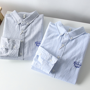 春季 衬衫 男士 休闲翻领长袖 衬衣潮 外贸全棉牛津纺时尚 刺绣竖条纹