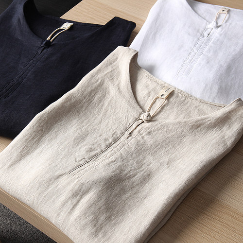 亚麻短袖男士盘扣复古传写