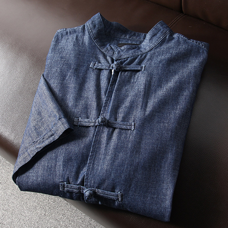 国风复古！盘扣设计！外贸男装夏季水洗全棉宽松休闲牛仔短袖衬衫,男装,衬衫,淘宝优惠券,粉丝福利购,淘宝优惠卷