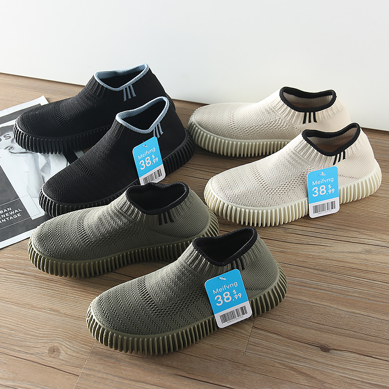 一脚蹬飞织!情侣款!春季男士外贸百搭懒人袜子厚底防滑休闲板鞋