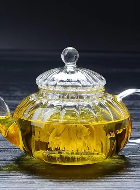 耐高温条纹壶玻璃茶壶家用加厚泡茶壶600ml南瓜壶花茶壶茶具套装
