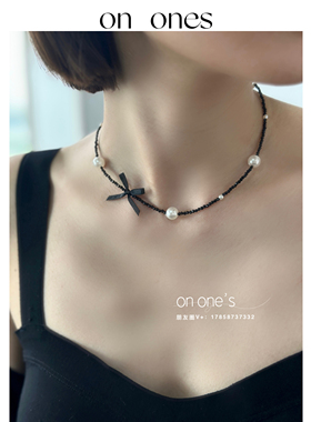 onones高端女装小众设计款黑色蝴蝶结拼珠珠颈链