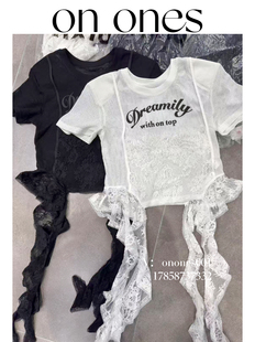onones高端女装 小众设计款 蕾丝花边下摆拼接飘带短袖 T恤 2026新款