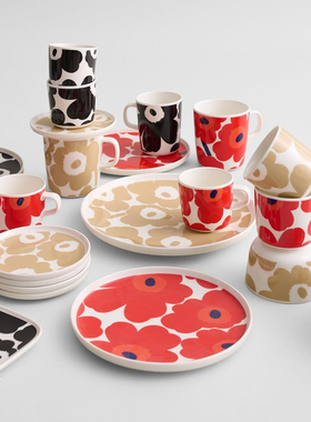 芬兰Marimekko 红花黑花奶茶花白花Unikko手握杯马克杯方碟盘碗