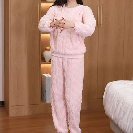 保暖提花家居服加绒加厚睡衣女冬季珊瑚绒圆领套装宽松大码套装