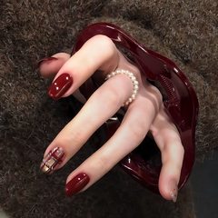 秋冬氛围感圣诞款红棕色格纹猫眼甲片穿戴甲短款高级感短款显白