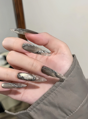 手工黑色琉璃金属银猫眼魔镜粉美甲穿戴甲秋冬025长款高级感显白