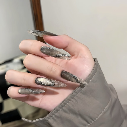 手工黑色琉璃金属银猫眼魔镜粉美甲穿戴甲秋冬025长款高级感显白