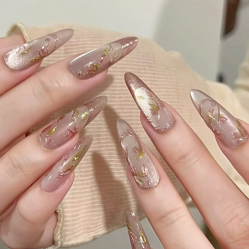 手工金枝玉叶繁花似锦魔镜粉花卉猫眼美甲穿戴甲秋冬2025高级感