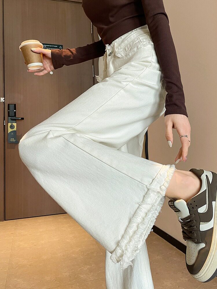 白色直筒牛仔裤女夏季薄款2025年新款高腰宽松显瘦毛边拖地阔腿裤