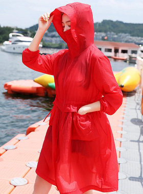 红色防晒衣外套女夏季薄款2026新款洋气宽松中长款过膝防晒服上衣
