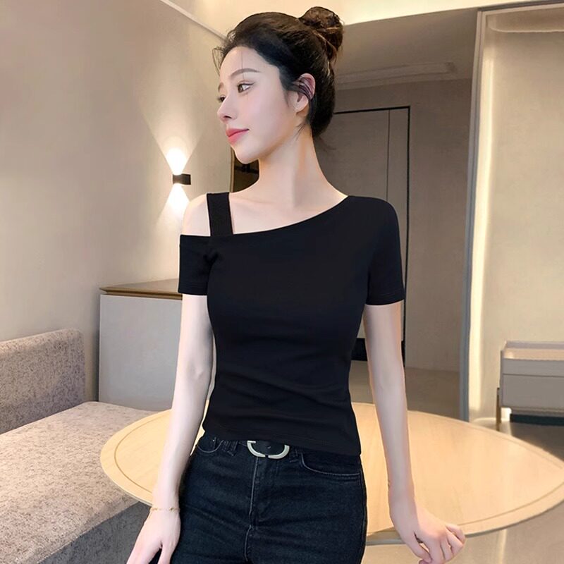 黑色短袖T恤女士夏季薄款2026新款修身显瘦一字露肩半袖T恤上衣