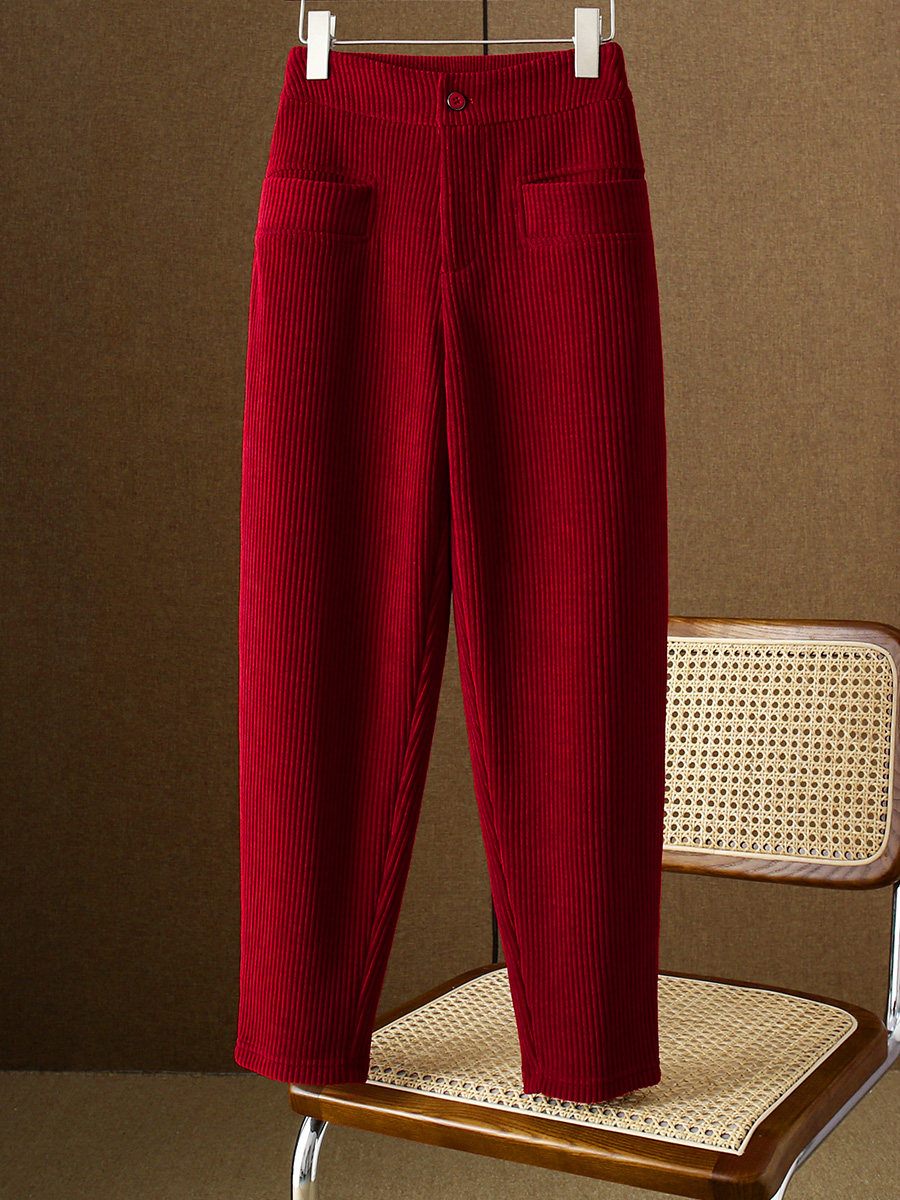 红色灯芯绒休闲 裤女秋冬加厚2025年新款高腰小个子加绒小脚哈伦