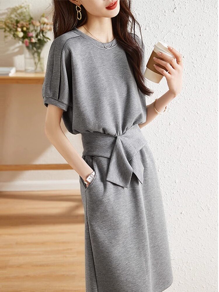 灰色纯棉t恤套装女夏季薄款2025新款收腰显瘦中长款裙子女两件套