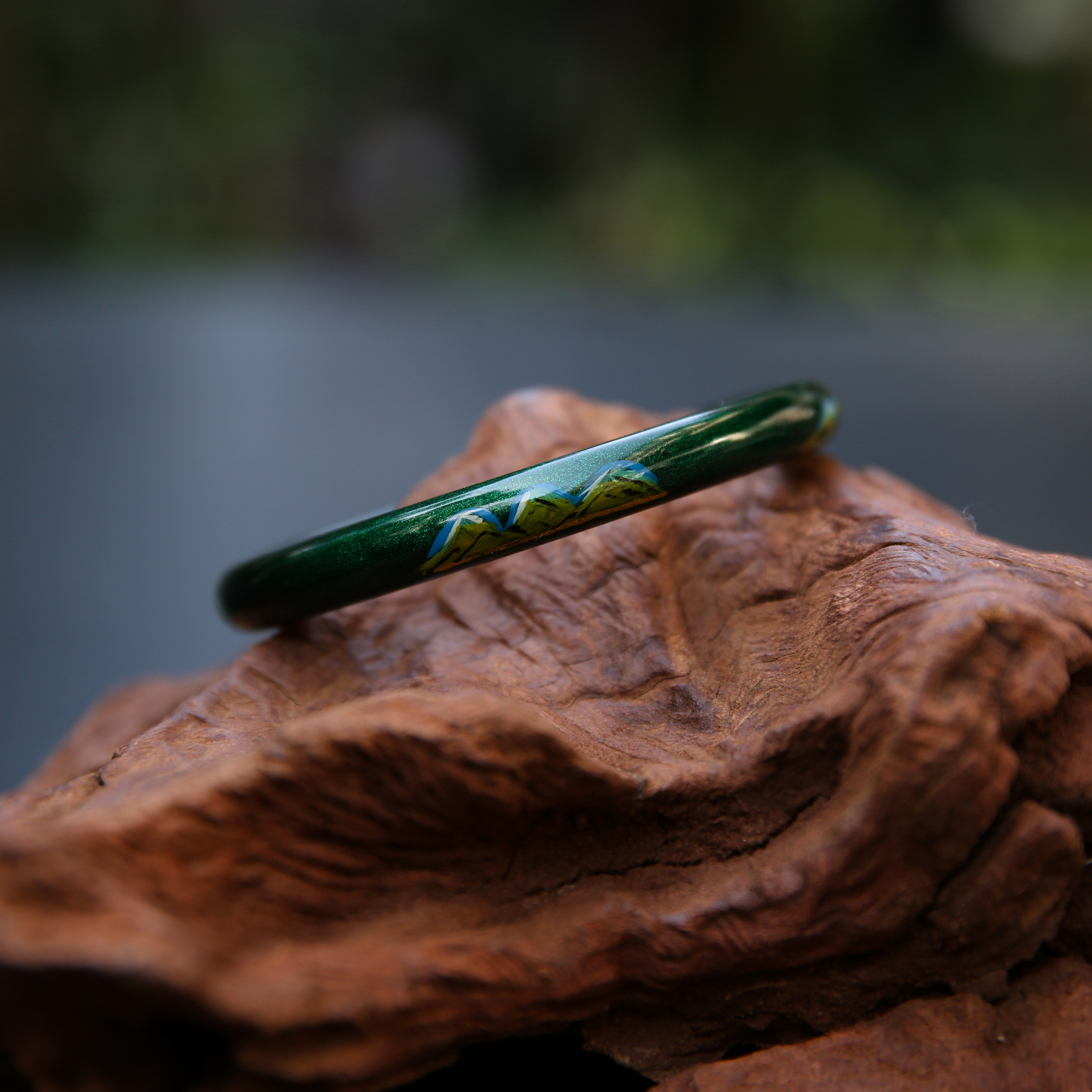 非遗大漆手镯千里江山漆器轻奢天然漆器流沙金绿色男女礼物送老外