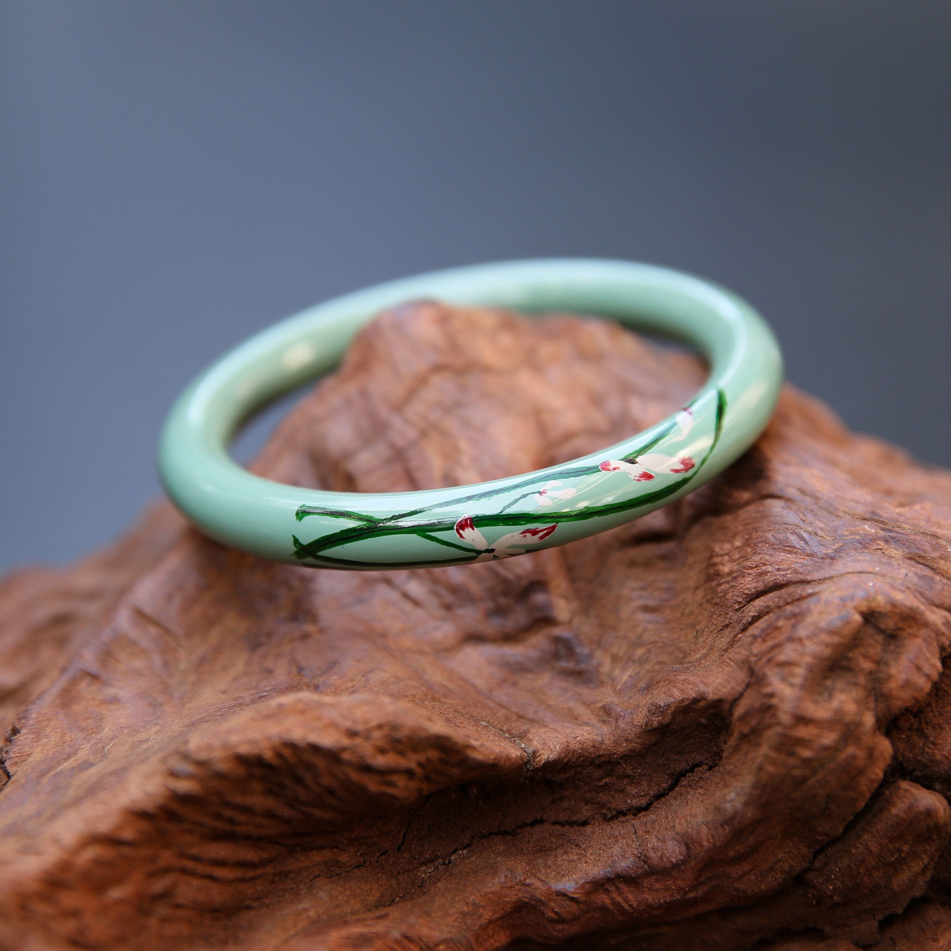 非遗大漆手镯女 绿叶兰花漆器 纯手工天蓝色天然木胎送礼物老外