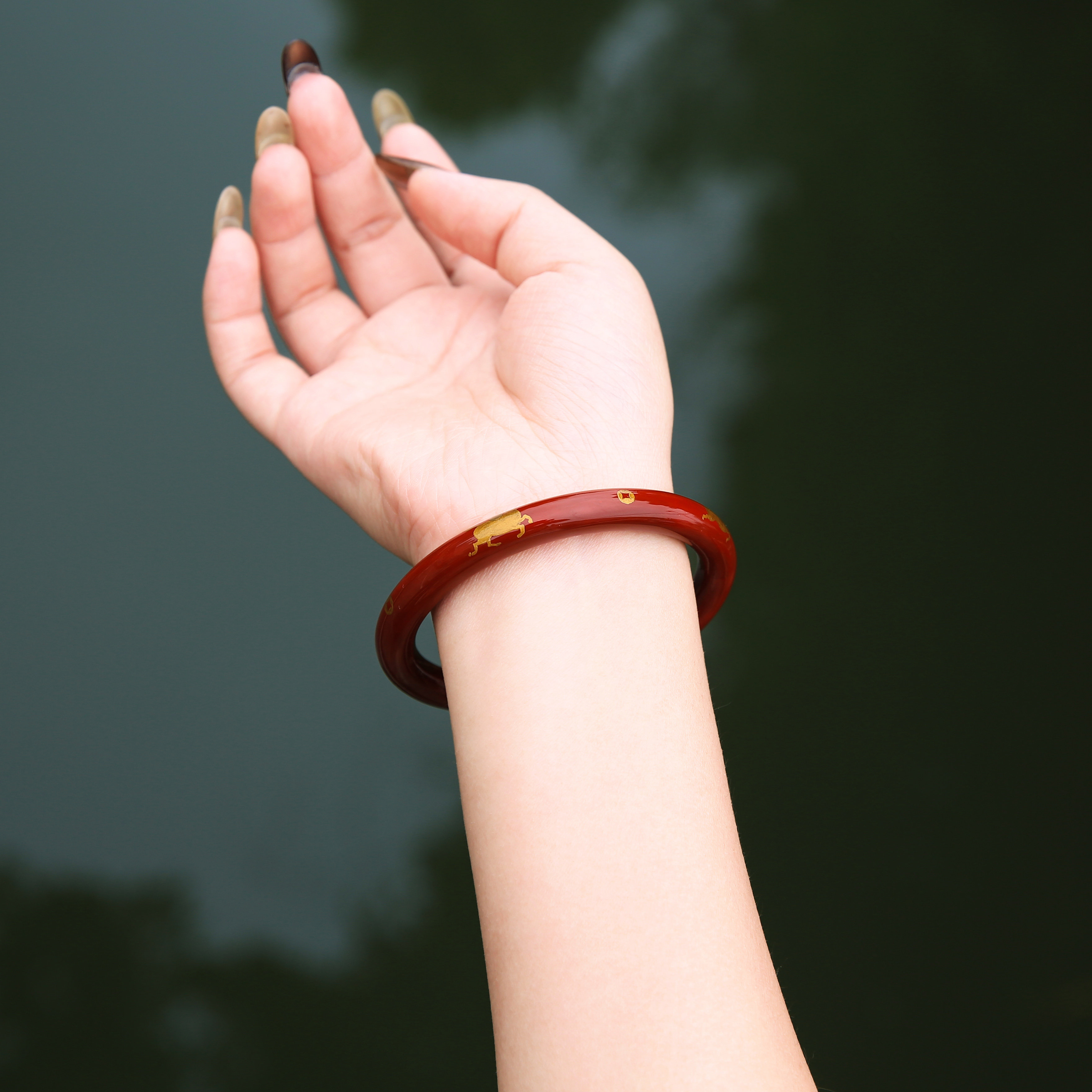 手工大漆手镯 非遗工艺 马上有钱描金红漆 国风复古百搭镯子