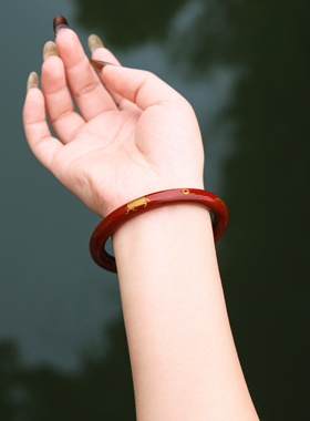 手工大漆手镯 非遗工艺 马上有钱描金红漆 国风复古百搭镯子