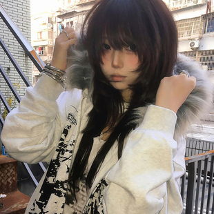 美式复古毛领卫衣连帽亚文化外套女秋冬加绒加厚宽松拉链长袖开衫