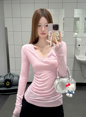 韩系粉色单穿上衣v领修身长袖t恤女辣妹独特chic风上衣内搭打底衫