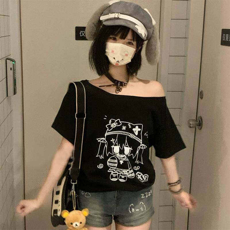 可爱二次元宅系露肩短袖t恤女