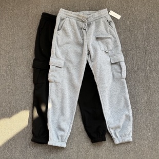 外贸尾货男士秋冬季加绒卫裤纯色修身百搭男款九分束脚男裤