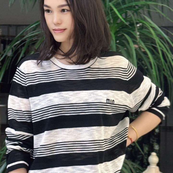夏季圆领天丝长袖针织衫女宽松显瘦条纹百搭洋气防晒空调小衫T恤