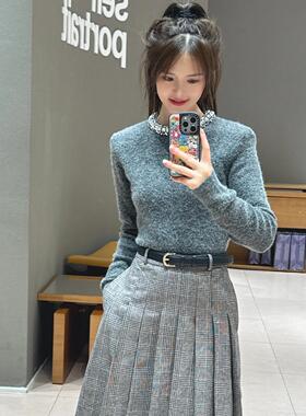 尖货福利25秋S灰色钻饰圆领针织衫羊毛驼长袖短款纯色百搭带P垫肩