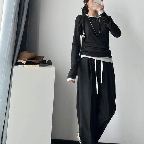 2024女秋新品松紧抽绳高腰绵羊毛混纺直筒裤休闲裤CM-MBD3PAT005