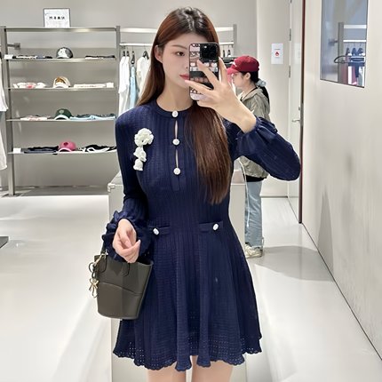 2025早秋新款法式羊毛混纺藏蓝色钩花胸针圆领镂空针织S连衣裙P