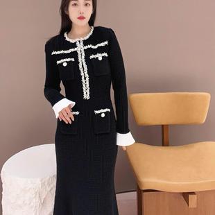 2026春SP法式优雅重工钉珠鱼尾针织连衣裙长裙女士长袖带标双色