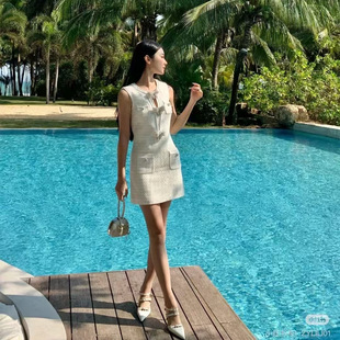 尖货2025春夏新款 连衣裙SP背心裙 香风象牙白圆领珍珠蝴蝶结无袖