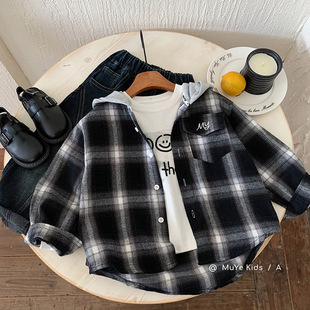 木野秋季外套湖州织里童装韩版上衣儿童纯棉服饰格子连帽衬衣