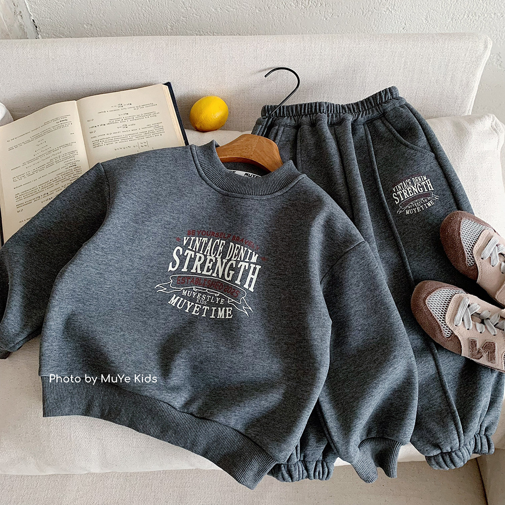 木野冬季儿童加绒套装韩版保暖卫衣加厚百搭休闲裤男童两件套童装