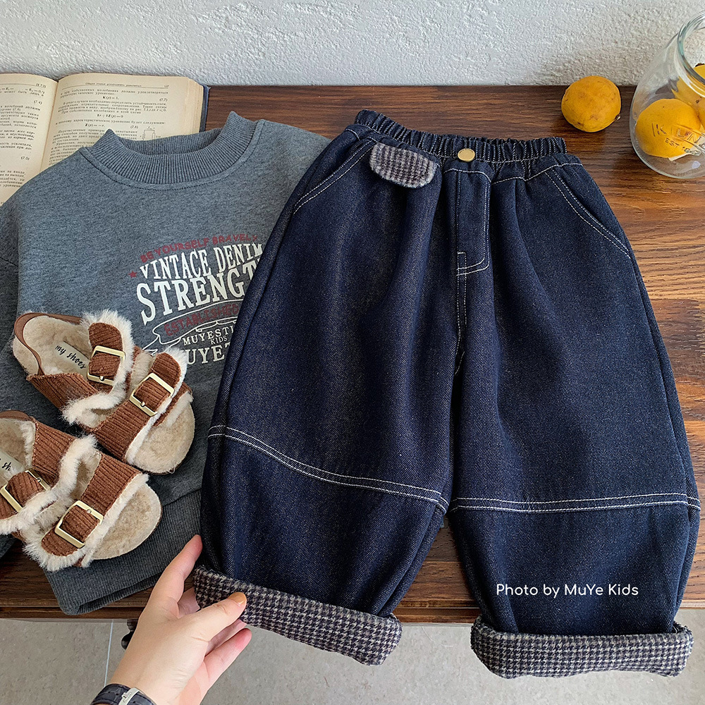 木野儿童加绒牛仔裤冬季新品加厚童装长裤男童韩版百搭保暖休闲裤