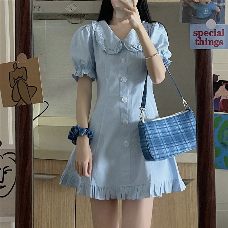 桔梗裙初恋小个子法式浅蓝色裙子女夏娃娃领泡泡袖收腰a字连衣裙