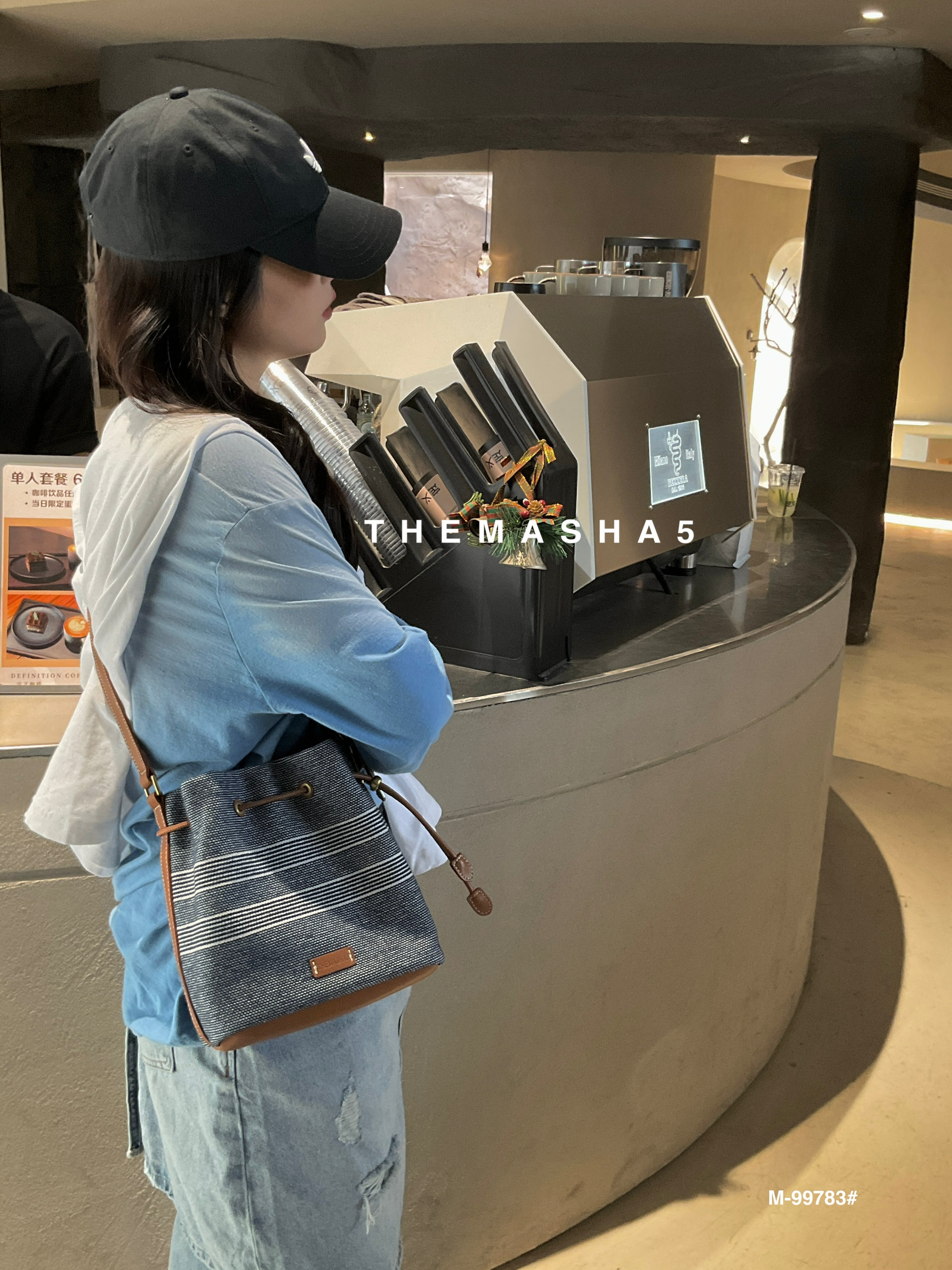 玛莎女包蓝条纹牛仔布单肩斜挎潮