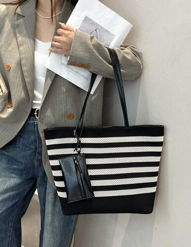 美缇女包条纹大容量单肩通勤托特