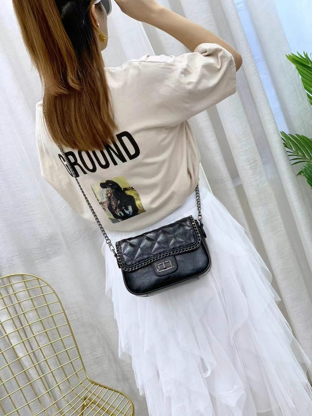 欧曼女包小香风菱格绣线链条斜挎