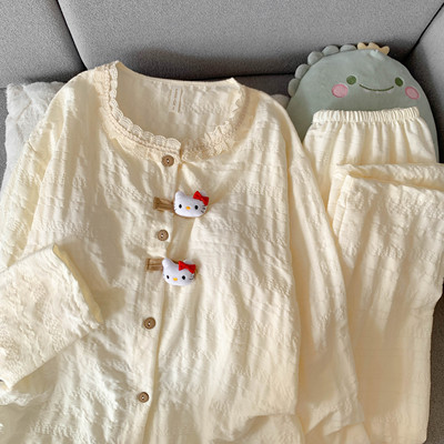 Hellokitty猫咪胸垫款睡衣可爱少女夏季长袖云朵纯棉家居服套装薄