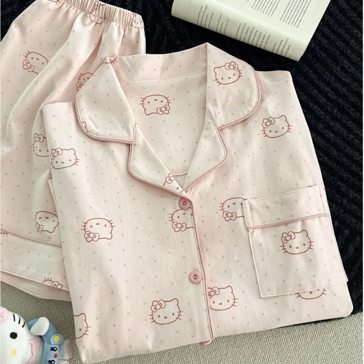 睡衣女春秋款纯棉短袖短裤甜美可爱KT猫家居服套装可外穿两件套