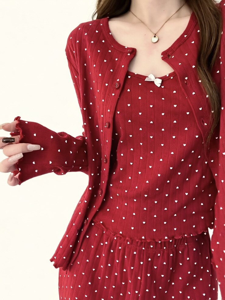 甜美少女红色爱心印花吊带睡衣女春秋季新款家居服大码长裤三件套