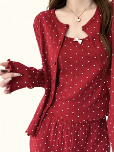 甜美少女红色爱心印花吊带睡衣女春秋季新款家居服大码长裤三件套