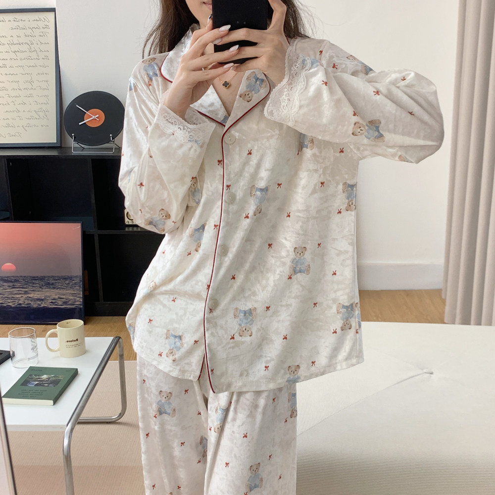 2025新款可爱熊睡衣女士春秋季冬天金丝绒长袖甜美加绒加厚家居服