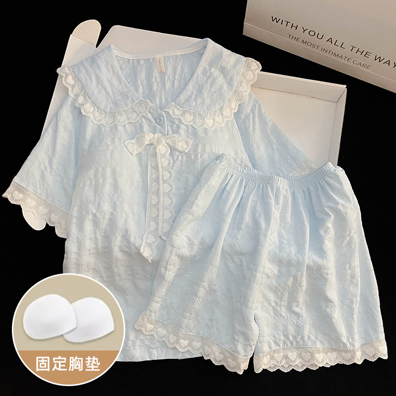 可爱睡衣女款2025新款夏季带胸垫款短袖短裤花边公主风家居服套装