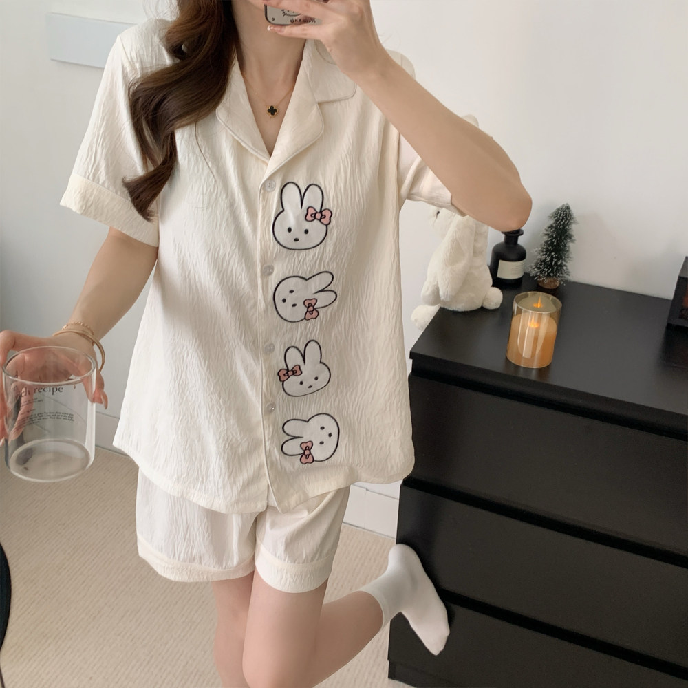 睡衣女款2026新款夏季云朵棉短袖短裤长裤三件套装带胸垫家居服薄